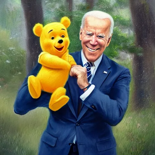 Image similar to Joe Biden holding Winnie the Pooh. Highly detailed painting Greg rutkowski. Good clear quality, high detail, octagon render 8k