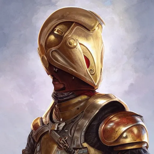 Prompt: male artificer, arrogant, plate armor without helmet, half-body portrait, D&D, fantasy, portrait, highly detailed, digital painting, artstation, concept art, sharp focus, illustration, art by artgerm and greg rutkowski and magali villeneuve, red white and gold color scheme