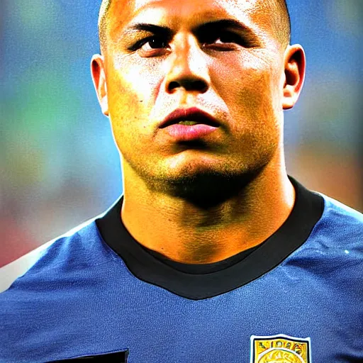 Prompt: real ronaldo nazario fenomeno head and shoulders portrait photograph by mark mann