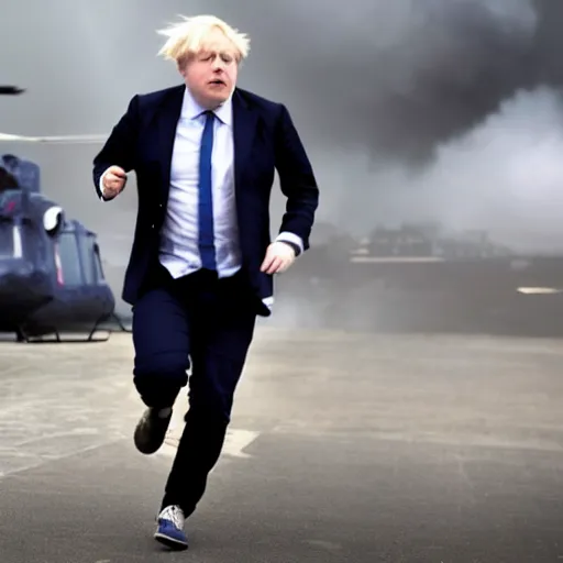 Prompt: helicopters and explosions in the background, cinematic shot of Boris Johnson running from the police