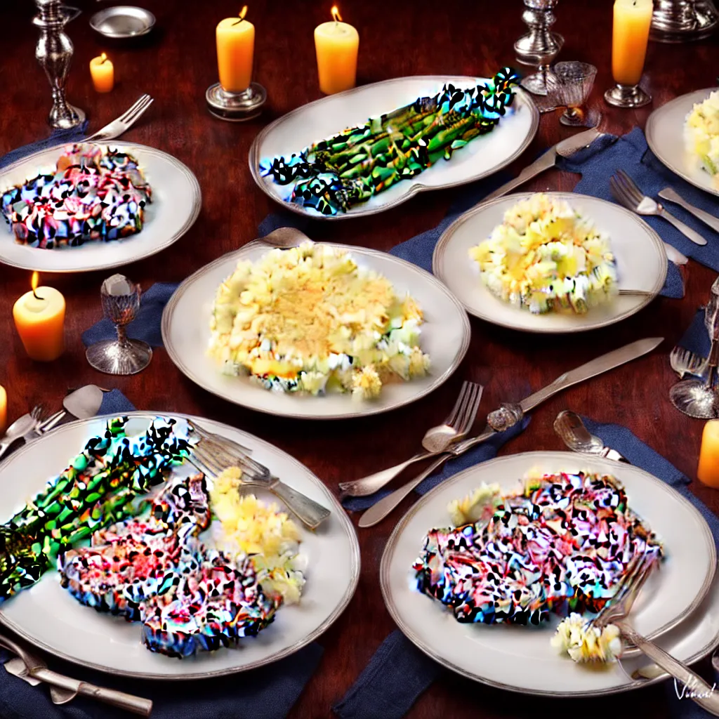 Image similar to product shot of a dinner with prime rib, asparagus, mashed potatoes and gravy, and steamed carrots with blue table cloth and lit candles in ornate silver candlesticks, ultra - realistic, photo realism, professional photograph, extreme detail, deep focus, laser sharp, volumetric lighting, atmospheric, luxury, elite