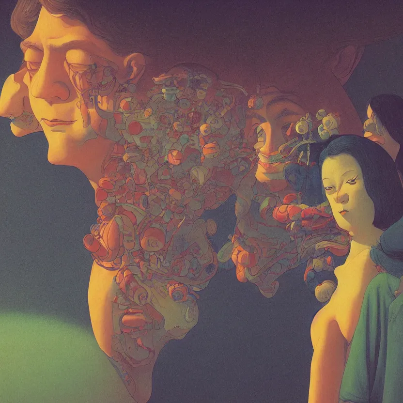 Image similar to close up portrait of a man and woman having fun with lsd and magic mushrooms by kawase hasui, moebius, Edward Hopper and James Gilleard, Zdzislaw Beksinski, Steven Outram, 8k, volumetric lighting, artstation