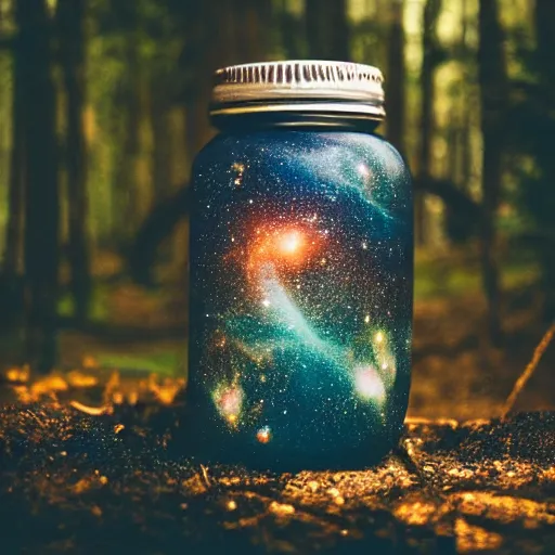 Image similar to galaxies contained in a jar in a forest