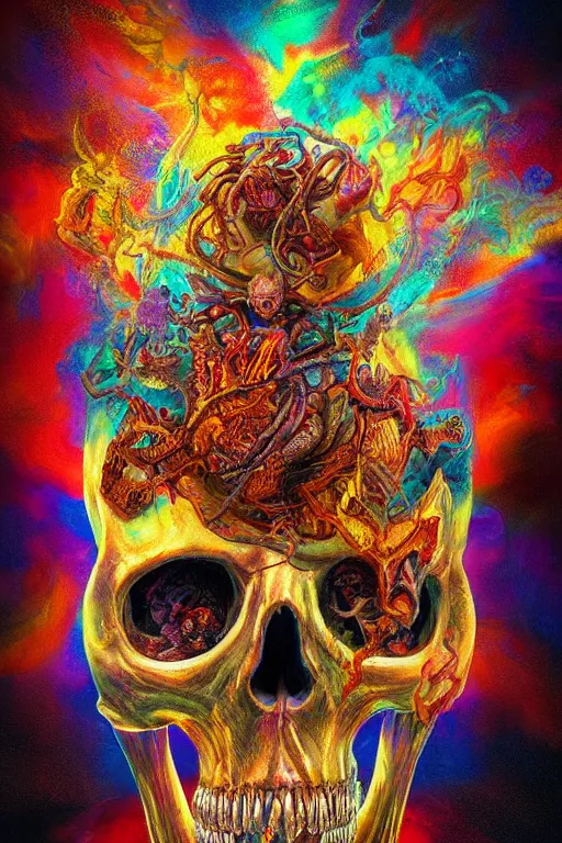 Prompt: 35 mm lens photo of chthonic scull lsd colors with sharp teeth and rgb background smoke, direct sunlight, glowing, vivid, detailed painting, Houdini algorhitmic pattern, by Ross Tran, WLOP, artgerm and James Jean, masterpiece, award winning painting