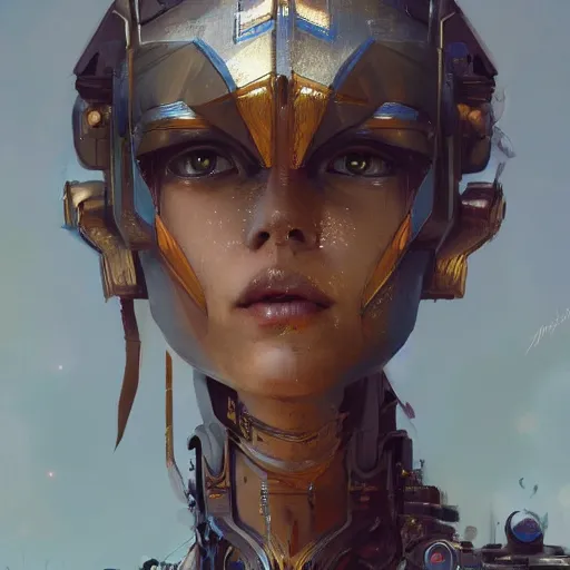 Image similar to a beautiful portrait of a robot goddess, a detailed painting by greg rutkowski and raymond swanland, featured on cgsociety, fantasy art, detailed painting, artstation hd, photorealistic