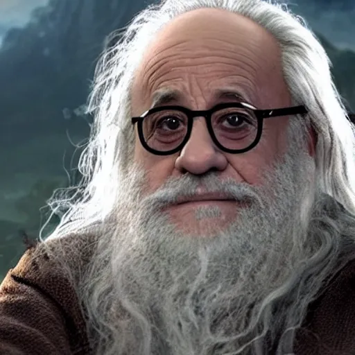 Image similar to movie still of danny devito starring as gandalf the white in the 2 0 2 4 lord of the rings movie, full body, hyper realistic, high quality, wide angle