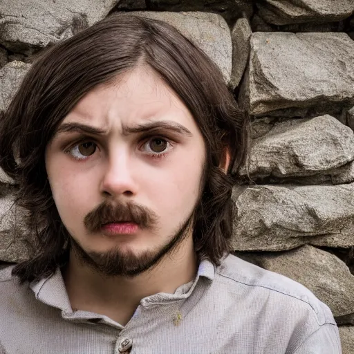 Image similar to Portrait of a terrified young man in 1930s disguise with long hair cornered against a stone wall. He is looking utterly panicked and distressed. 4K sigma 85mm