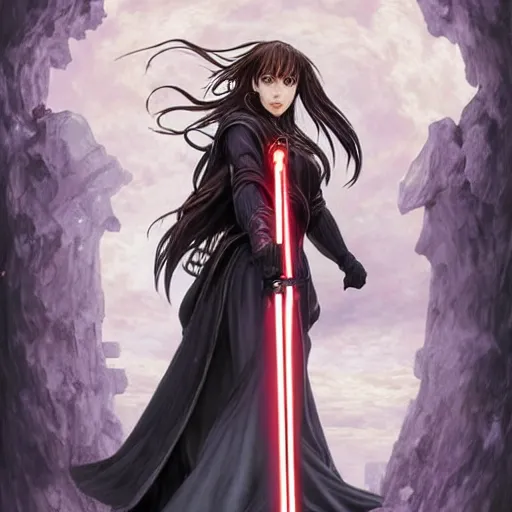 Prompt: portrait of a female Kazuto Kirigaya Kirito as young woman with brown long hair and bangs and wearing a long black coat breast-armor showing through, with light-saber, face, fantasy, intricate, elegant, highly detailed drawn by Donato Giancola and Fernanda Suarez and Artem Demura, face by Artgerm and Edmund Leighton, Alphonse Mucha, background by James Jean and Gustav Klimt, 4k, porcelain skin, komorebi, french nouveau, trending on pixiv, octane render, hyperrealistic