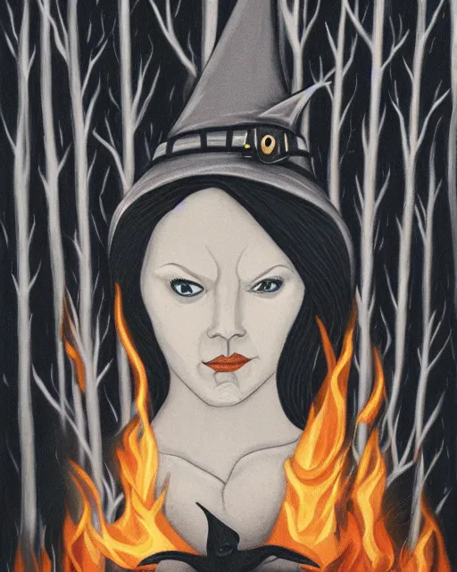 Prompt: a portrait of a sad witch in a burning forest