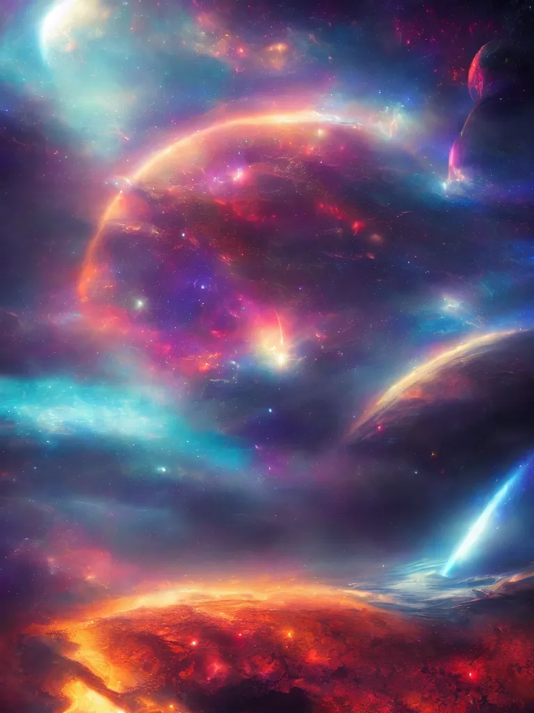 Prompt: celestial epic vibrant cinematic fantasy space image of a sparkling ethereal cosmic universe, celestial cosmos, nasa photos, artstation