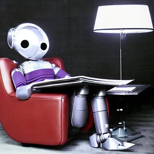 Image similar to futuristic studious matte brown and red and chrome full-body humanoid robot with two huge round expressive sad purple glowing LED eyes and open rectangular mouth sitting on a large comfortable cushioned 1950s vintage recliner reading a newspaper. open newspaper. full shot Cinematic Movie Photograph, Arri Alexa, Extremely Detailed, smooth, very very clean, white cyc, white background, 8K, octane render, maya render, unreal engine, trending on artstation, DSLR, excellent composition, center frame