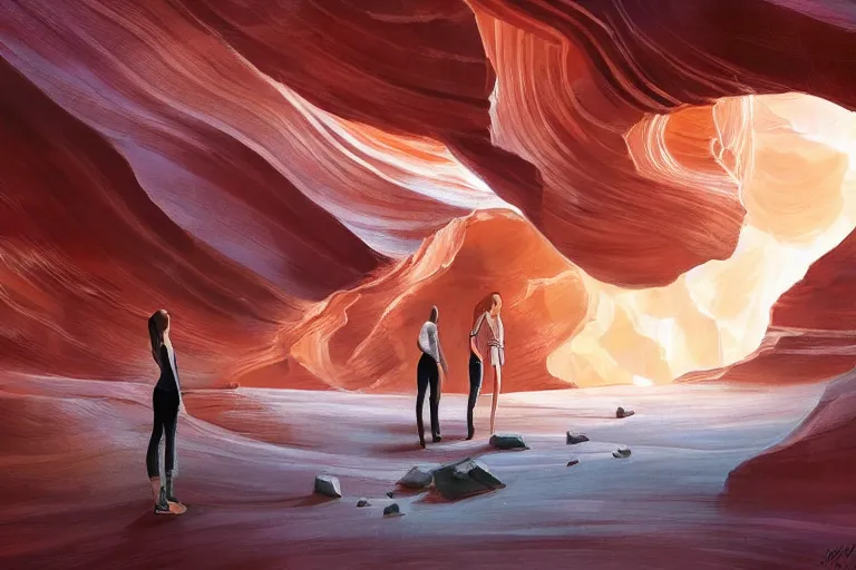 Image similar to collection of beautiful celestial females exposed in cryo chambers relaxing at Antelope canyon, with rocks formed by water erosion, walls made of beautiful smooth sandstone light beams that shine, polish narrow slots of walls into a striated swirling finish, digital painting, concept art, smooth, sharp focus, from Star Trek 2021, illustration, by WLOP and Ruan Jia and Mandy Jurgens and William-Adolphe Bouguereau, Artgerm