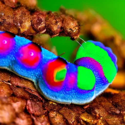 Image similar to very colorful caterpillar, fat caterpillar eats a leaf, macro, beautiful photography