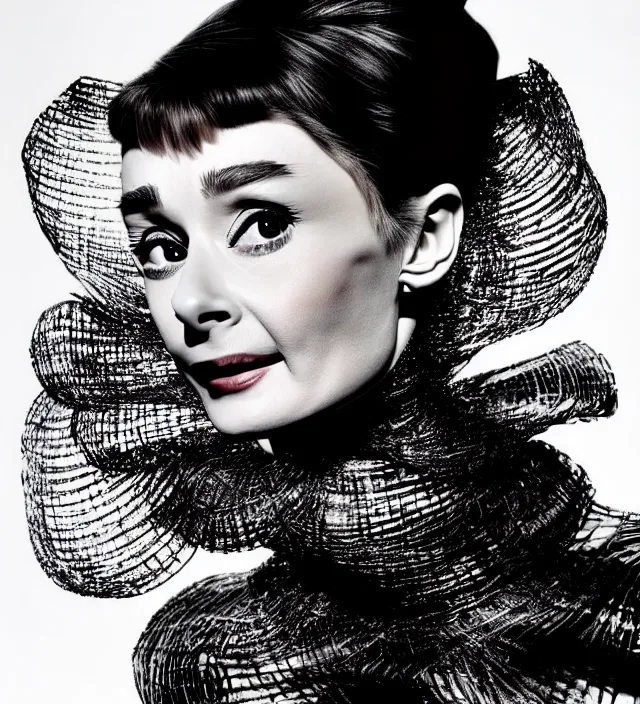 Prompt: dynamic facial portrait photography of seductive actress audrey hepburn wearing an extraordinary dress by designer iris van herpen. accent lighting, dark background, highly detailed, photography by paolo roversi, nick knight, helmut newton, avedon, araki