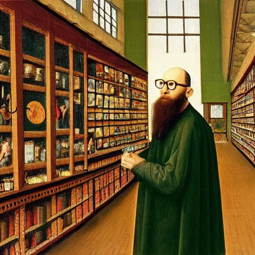 Prompt: jan van eyck style oil painting of slim tall bald man with glasses and a beard wearing a t - shirt in a busy supermarket