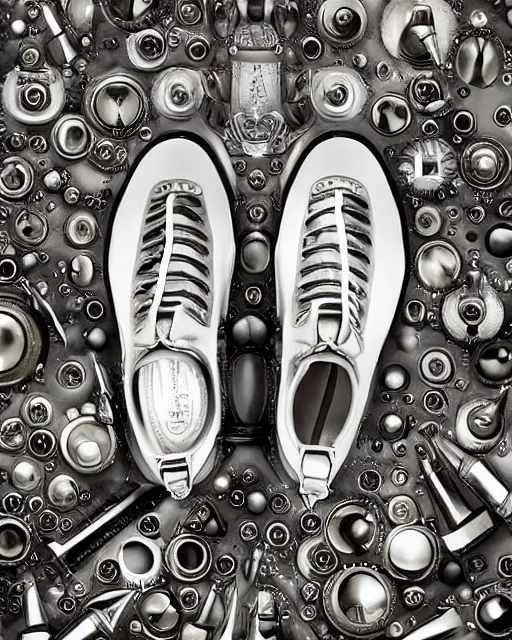 Image similar to balenciaga sneakers made out of clock parts, hyper realism, high detail, extremely detailed, very sharp, award winning photo, in the style of vivian maier