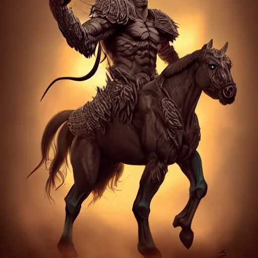 Prompt: Full body portrait of a Zentaur, half human, half horse, horse body with a human chest and head, dnd character design concept art, by Sergey Samarskiy, hyper detailed, uncropped.