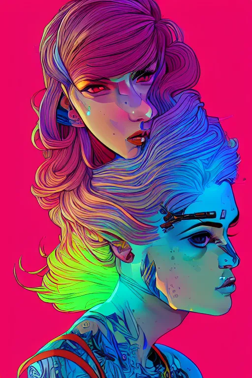 Image similar to a award winning half body portrait of a beautiful woman with stunning eyes in a printed croptop and cargo pants with rainbow colored ombre hairstyle head in motion and hair flying by josan gonzales, outrun, vaporware, shaded flat illustration, digital art, trending on artstation, highly detailed, fine detail, intricate