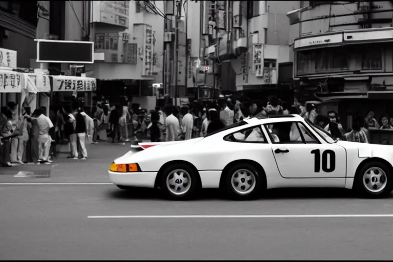 Image similar to single racecar 1 9 8 8 9 1 1, movie still, vintage footage on tokyo streets, volumetric lighting, f 8 aperture, cinematic eastman 5 3 8 4 film