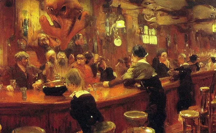 Prompt: high quality high detail painting by ilya repin, giant squid in a bar, hd