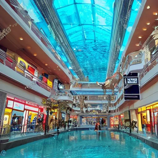 Image similar to photo of inside a shopping mall the inside is flooded with over 2 0 meters depth of clear water, highly detailed.