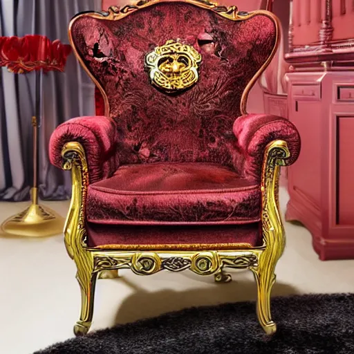 Image similar to a luxury vip golden toilet gaming chair with red hibiscus embossed into the material, the toilet is shiny, varying art styles, varying locations, varying angles