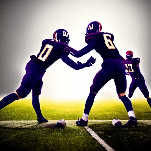 Image similar to low angle shot of football players about to collide, dramatic lighting, shallow depth of field, football players are made of yarn