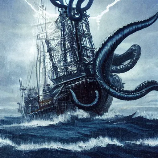 Prompt: a kraken at ship, dynamic lightening