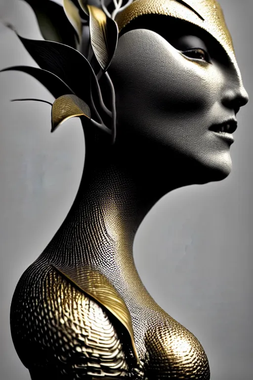 Image similar to bw close - up profile face, black background, beautiful young porcelain vegetal - dragon - cyborg - female, 1 5 0 mm, beautiful natural soft rim light, silver gold details, magnolia leaves and stems, roots, mandelbot fractal, elegant, ultra detailed, white metallic armour, octane render, h. r. giger style