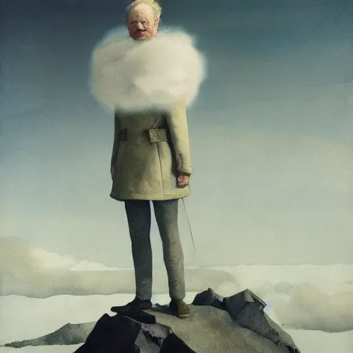 Image similar to Portrait of the Nimbus Cloud King wearing a poofy marshmallow coat whilst standing atop a cloud-covered mountain peak paul klee andrew wyeth edawrd hopper tom bagshaw stanton feng bastien lecouffe-deharme tombow oil painting