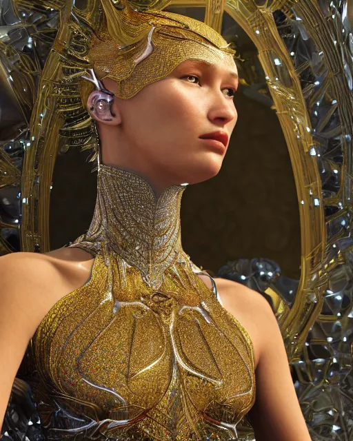 Prompt: a highly detailed metahuman 4 k close up render of a bella hadid as dmt monument renaissance in iris van herpen dress schiaparelli in diamonds crystals swarovski and jewelry iridescent in style of alphonse mucha gustav klimt trending on artstation made in unreal engine 4