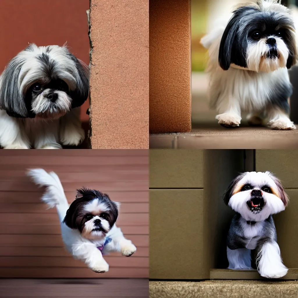 Prompt: a shih tzu dog phasing through a wall, award winning photo
