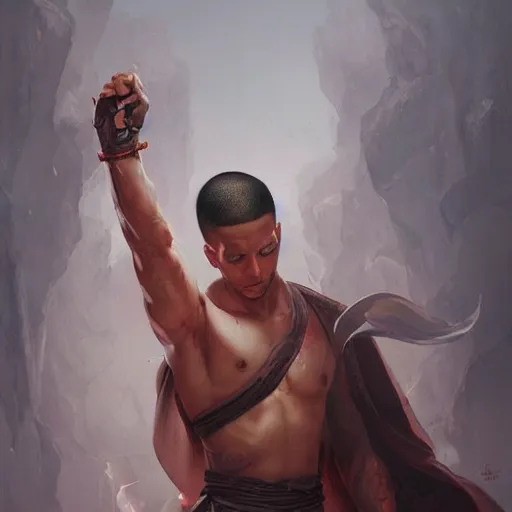 Image similar to A matte oil on canvas painting of a male martial artist monk, orchid arm tattoos by greg rutkowski and artgerm, trending on artstation, dungeons and dragons art