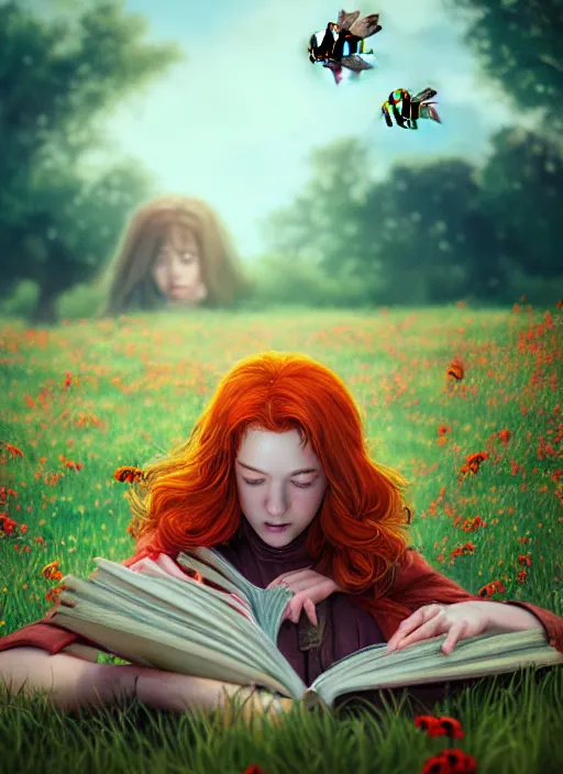 Image similar to An epic fantasy comic book style portrait painting of a young red headed girl reading a book in a field of flowers surrounded by bees, unreal 5, DAZ, hyperrealistic, octane render, cosplay, RPG portrait, dynamic lighting