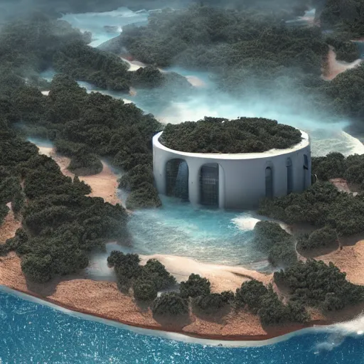 Prompt: sci - fi round building next to the sea pumping gushing water into a parched desert, river with trees, a sense of hope, hyper realistic, high res, 4 k, edouard groult, bynde, kirill leonov, isaac zuren