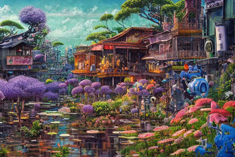 Image similar to oil painting, super - detailed scene spirited away, twilight junkyard, louisiana swamps, indigo blooming flowers garden, japanese sci - fi books art, artwork by jean giraud, hd, 4 k, high quality