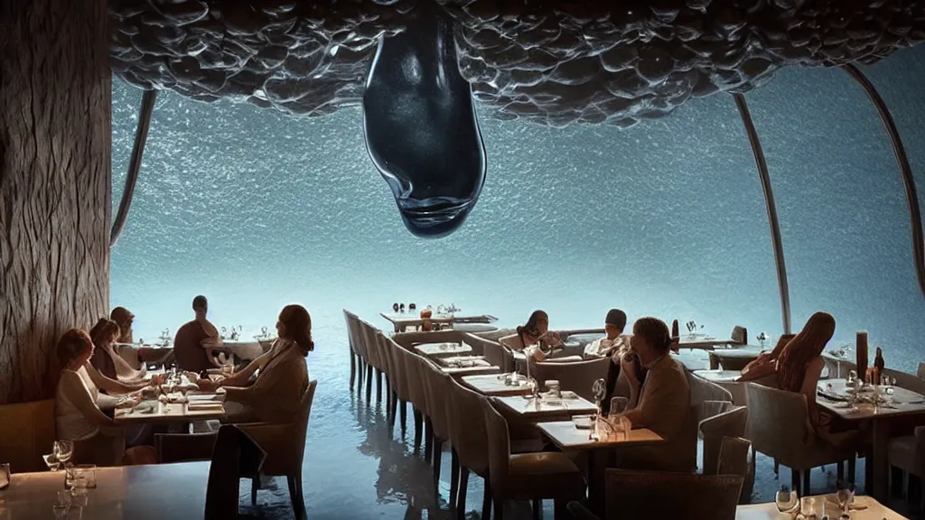 Image similar to the giant floating nose in the restaurant, made of water, film still from the movie directed by Denis Villeneuve with art direction by Salvador Dalí, wide lens