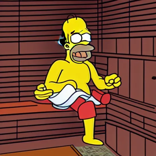 Image similar to realistic photo of Homer Simpson sitting in a sauna, reading Mikrobitti magazine