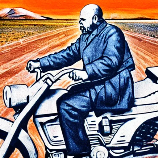 Prompt: a picture of vladimir lenin riding a motorbike, desert road, blue skies, realistic