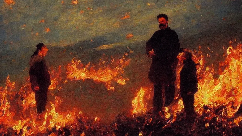 Prompt: high quality high detail painting by ilya repin, man standing in front of huge explosion, fire, flames, wind, hd