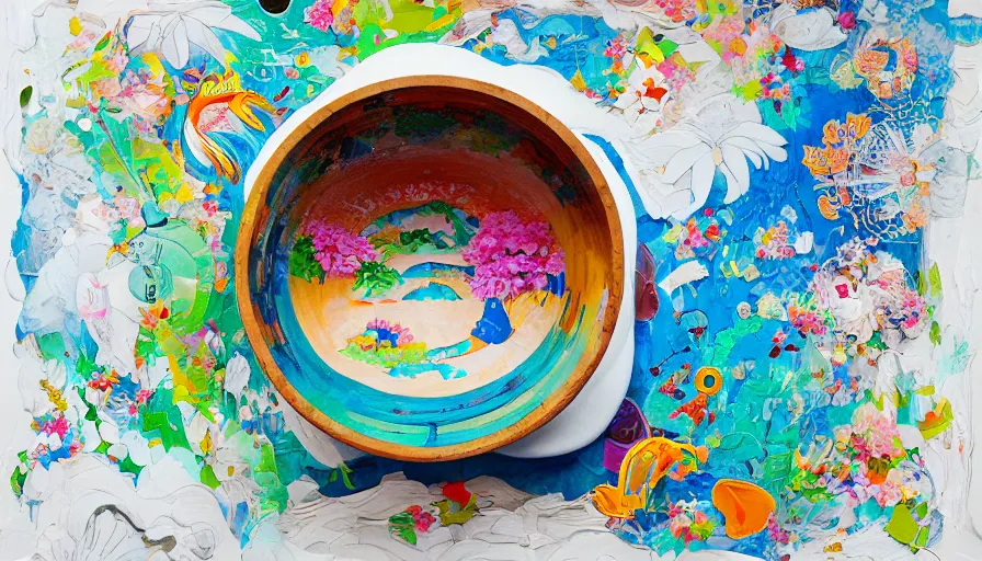 Prompt: looking down into a giant traditional ceramic bowl filled with Japan nature, crafts, travel and adventure, isolated on a minimalist white acrylic base coat, acrylic airbrush collage-painting by Jules Julien, Leslie David and Lisa Frank, muted colors with predominant white background minimalism, neon color mixed media painterly details, neo-classical composition, rule of thirds, design tension, impactful graphic design