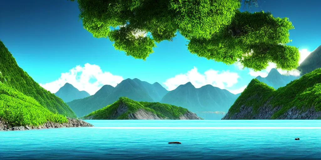 Prompt: dream, photo realism, beautiful nature, sunny day, sunshine lighting high mountains, which are higher than white fluffy clouds with green trees on top, a small wooden bridge connecting two mountains, ocean beneath the mountains with clear blue water, whales jumping and showing from the waves, cinematic, 8k, highly detailed