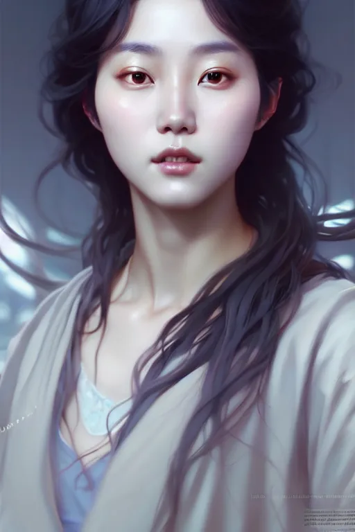 Image similar to beautiful digital painting of lee jin - eun gray background with high detail, 8 k, stunning detail, photo by artgerm, greg rutkowski and alphonse mucha, unreal engine 5, 4 k uhd