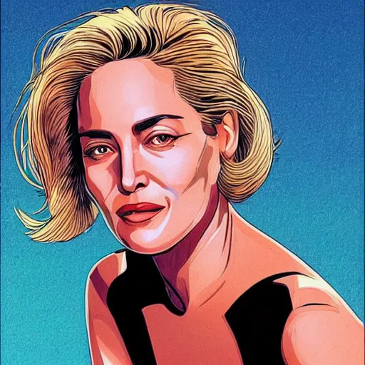 Prompt: “ sharon stone retro minimalist portrait by jean giraud, moebius starwatcher comic, sharp, smooth face, 8 k ”