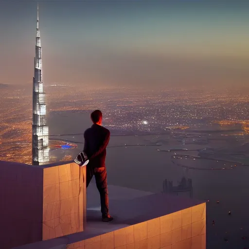 Prompt: closeup of a man [ standing on the pinnacle of the burj khalifa ]!!, holding a camera, viewing out into a futuristically adequate city, dusk atmosphere, digital art illustrated by max hay and greg rutkowski, [ synthwave ]!!, golden ratio!!, centered!!