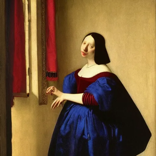 Image similar to sublime portrait of a woman in a red satin dress, very pale, graceful, imposing, idealistic, by Vermeer, Van Dyck, Jean Auguste Dominique Ingres, 17th-century, smooth, sharp focus, highly realistic