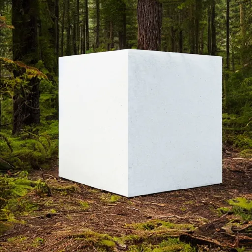 Prompt: photograph of a white concrete cube sitting in the middle of a forest clearing