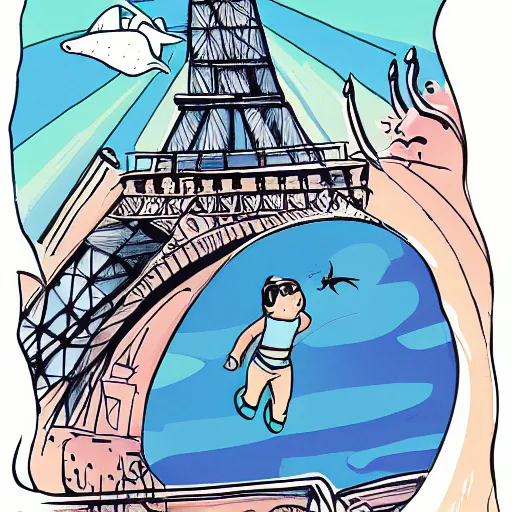 Image similar to free willy jumping over the Eiffel tower. Illustration, dystopian style, inked and colored.