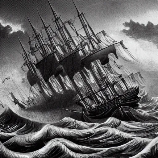 Prompt: a highly detailed scene of a ship being attacked by giant squid tentacles, dark, voluminous clouds, thunder, stormy seas, pirate ship, dark, high contrast