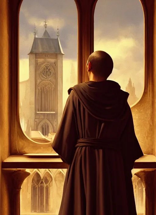 Image similar to oil painting of a medieval dominican monk in robes, looking out of a monastery window contemplatively, a majestic cathedral in the background, digital art, artstation, cinematic, golden hour, digital art painting by greg rutkowski